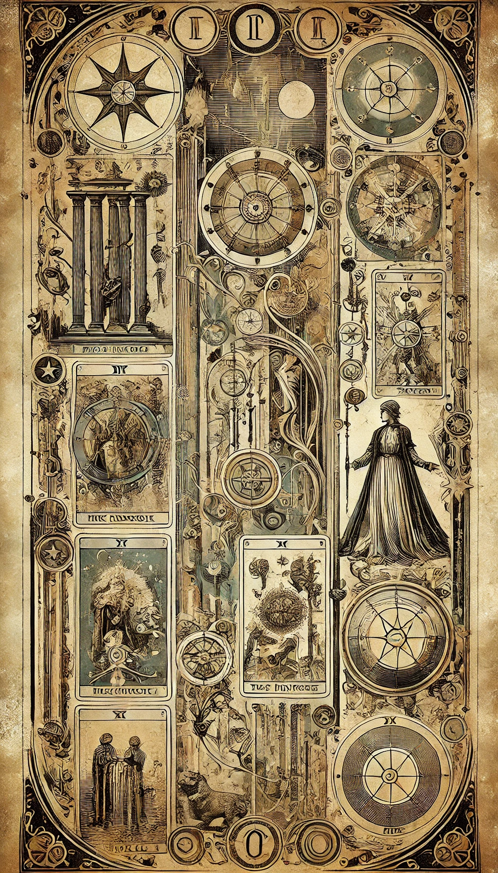 Ілюстрація у вінтажному стилі, зображає історію карт Таро з елементами старовинної колоди, символічними фігурами старших арканів та класичними астрологічними символами, що переплітаються з витонченими візерунками.